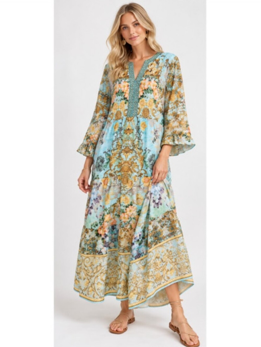 Soft Surroundings Baroque Floral Beaded Tiered Maxi Dress Boho NWT Multi Size M